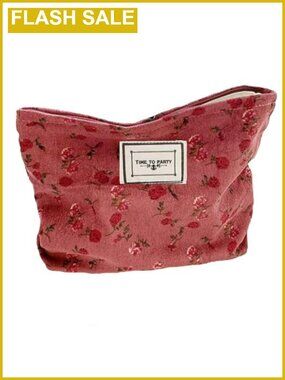 Corduroy Vintage Floral Cosmetic Bag Large Zipper Makeup Pouch Travel Toiletry